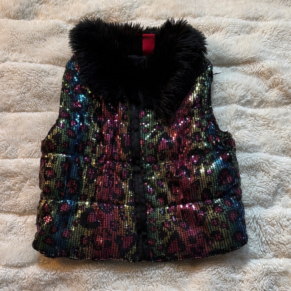 Sequin Kids Vest with Faux Fur Collar